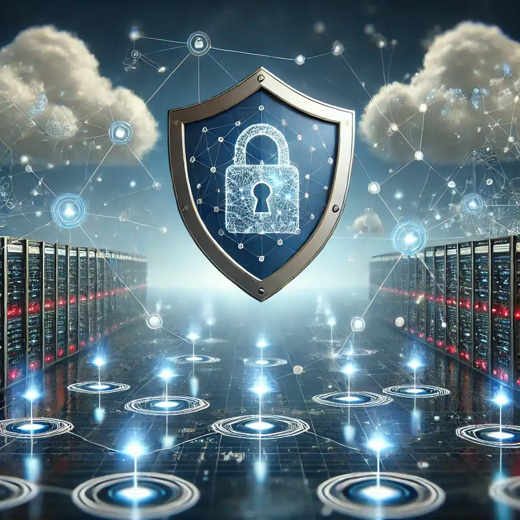 a shield with a padlock on it surrounded by rows of servers