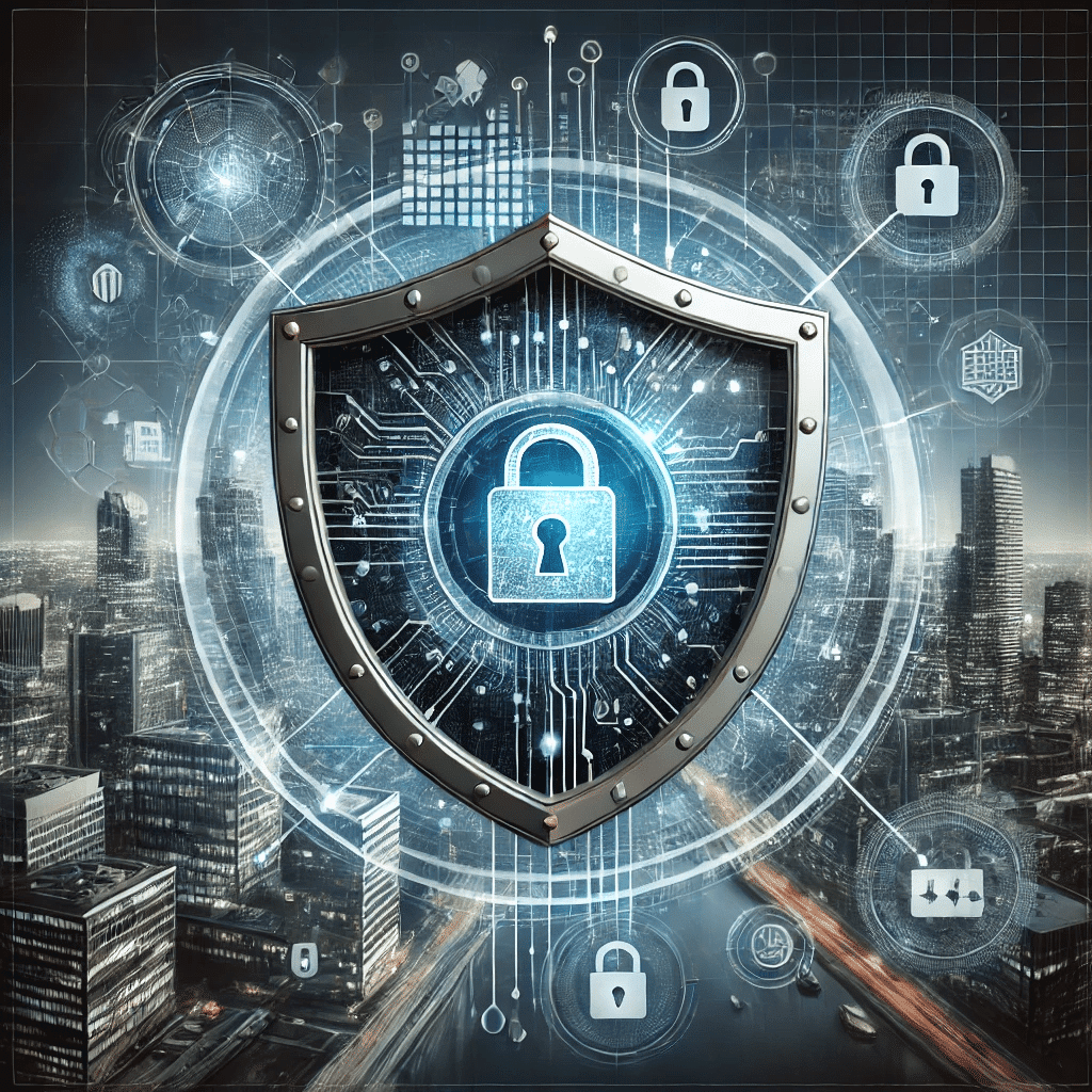 a shield with a lock and a city in the background