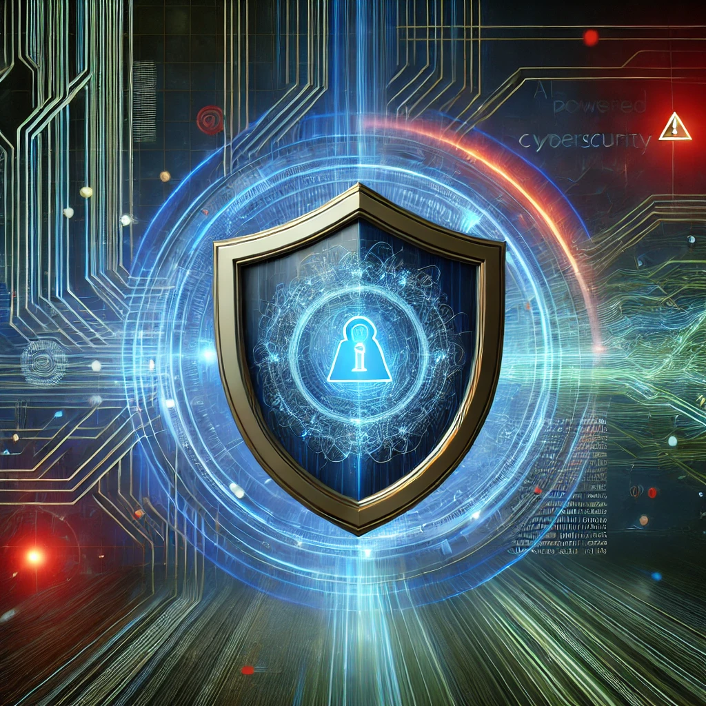 DALL·E 2024 11 19 10.56.28 A futuristic glowing digital shield symbolizing AI powered cybersecurity surrounded by dynamic blue and green abstract lines representing data and n