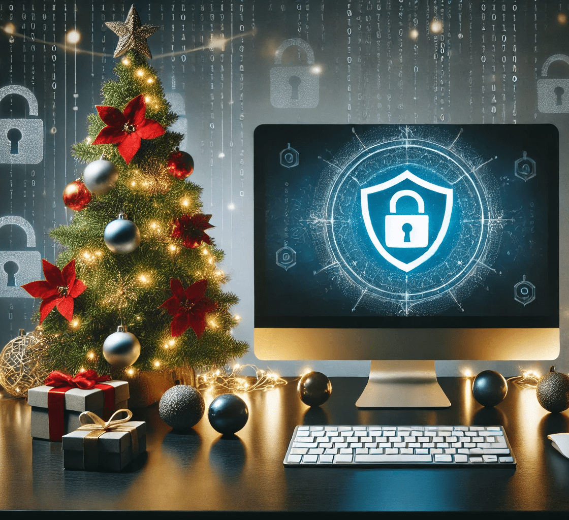 DALL%C2%B7E 2024 12 02 11.56.23 A festive holiday office environment with a cybersecurity theme. A sleek desk setup features a computer screen displaying a shield icon surrounded by