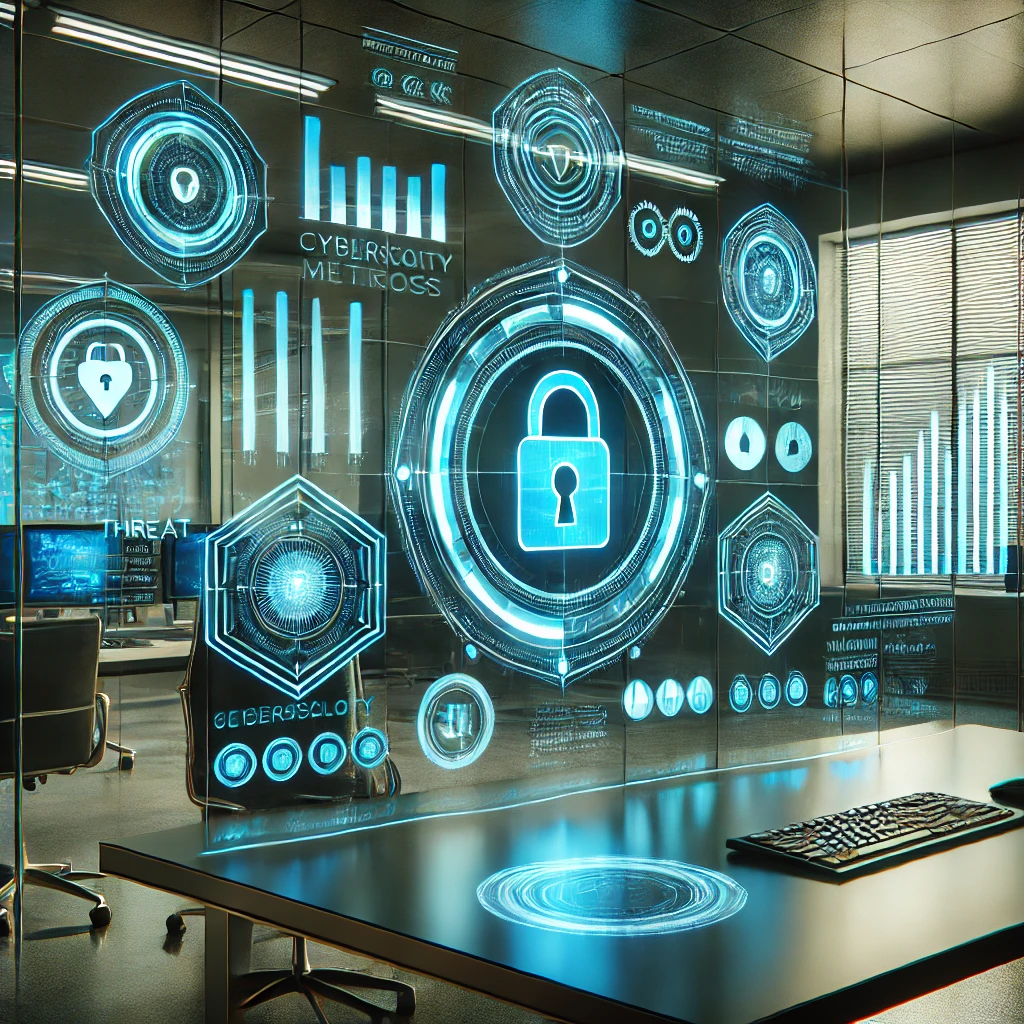 DALL·E 2024-12-04 09.34.41 - A futuristic office environment with holographic digital displays showcasing cybersecurity metrics, lock icons, and threat indicators.