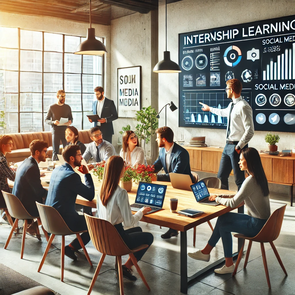 A-modern-and-collaborative-internship-learning-environment.-The-scene-features-a-group-of-diverse-young-professionals-working-together-at-a-large-tabl