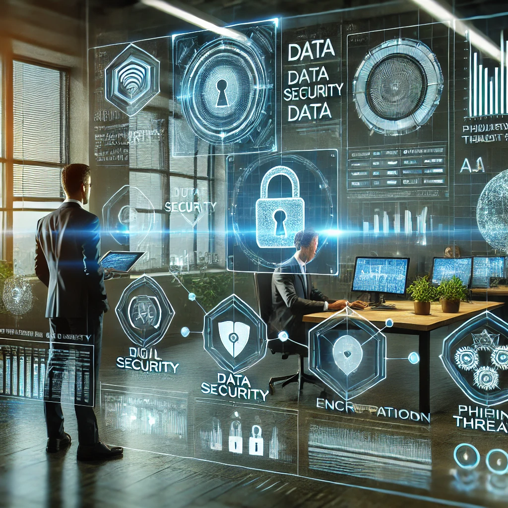 DALL·E-2025-01-06-12.25.00-A-futuristic-office-environment-showing-a-small-business-owner-reviewing-cybersecurity-data-on-a-high-tech-dashboard.-The-scene-includes-digital-secur