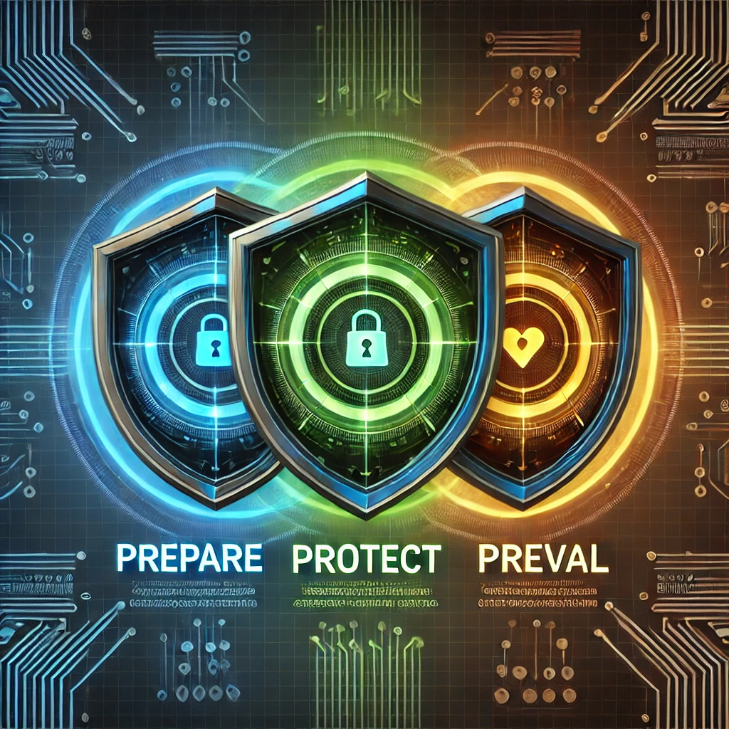 DALL·E-2025-01-13-10.42.54-A-futuristic-cyber-shield-divided-into-three-glowing-segments-labeled-Prepare-Protect-and-Prevail-set-against-a-high-tech-digital-background.webp