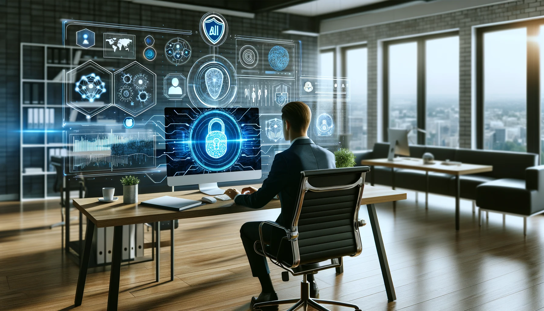 A-modern-small-business-office-setting-with-a-business-owner-working-on-a-sleek-computer.-The-computer-screen-shows-AI-interfaces-data-graphs-and-cy