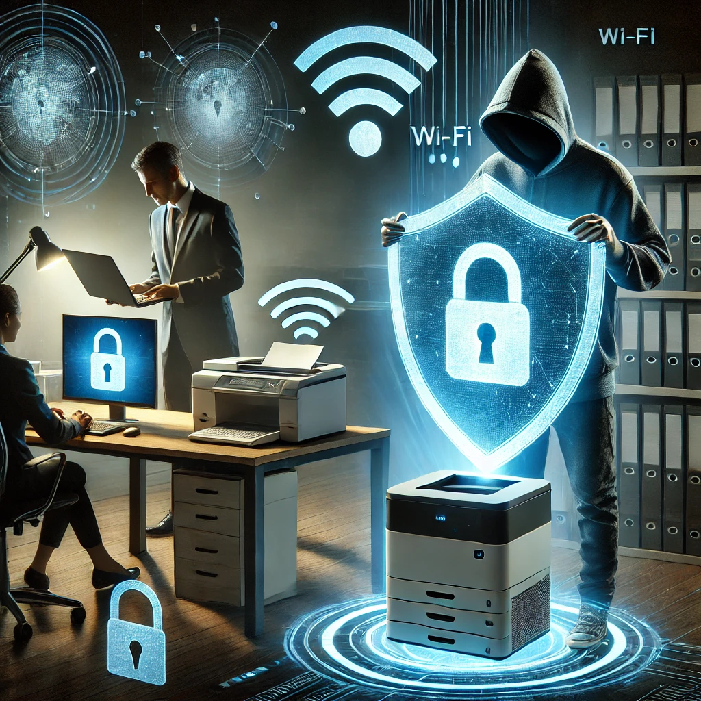 A-futuristic-office-environment-with-a-glowing-shield-symbolizing-cybersecurity-protection.-In-the-background-a-hacker-figure-in-a-hoodie-attempts-to